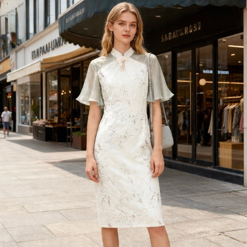 XS Chinese Cheongsam Dress Floral Jacquard imitationPearl Collar Mesh Sleeve new